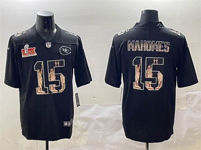 Men's Kansas City Chiefs #15 Patrick Mahomes Black 2025 Super Bowl LIX Patch Statue of Liberty Vapor Limited Stitched Football Jersey Men's Kansas City Chiefs #15 Patrick Mahomes Black 2025 Super Bowl LIX Patch Statue of Liberty Vapor Limited Stitched Football Jersey